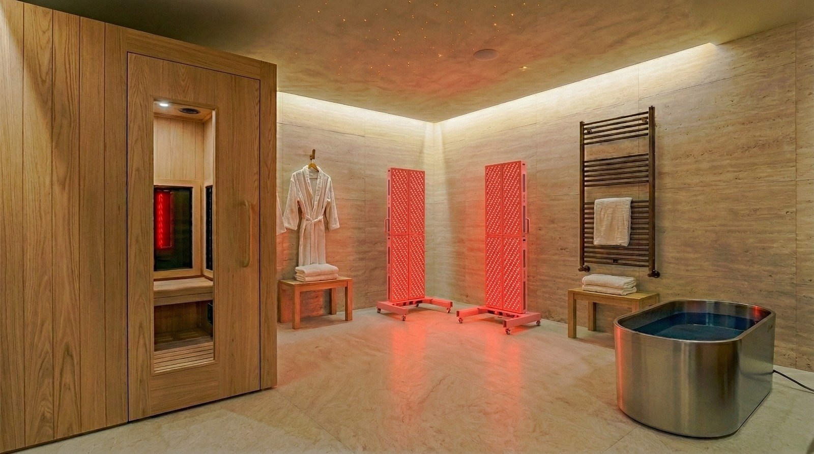 private residence wellness room with sauna, ice bath, red light therapy by Biofit design consultants
