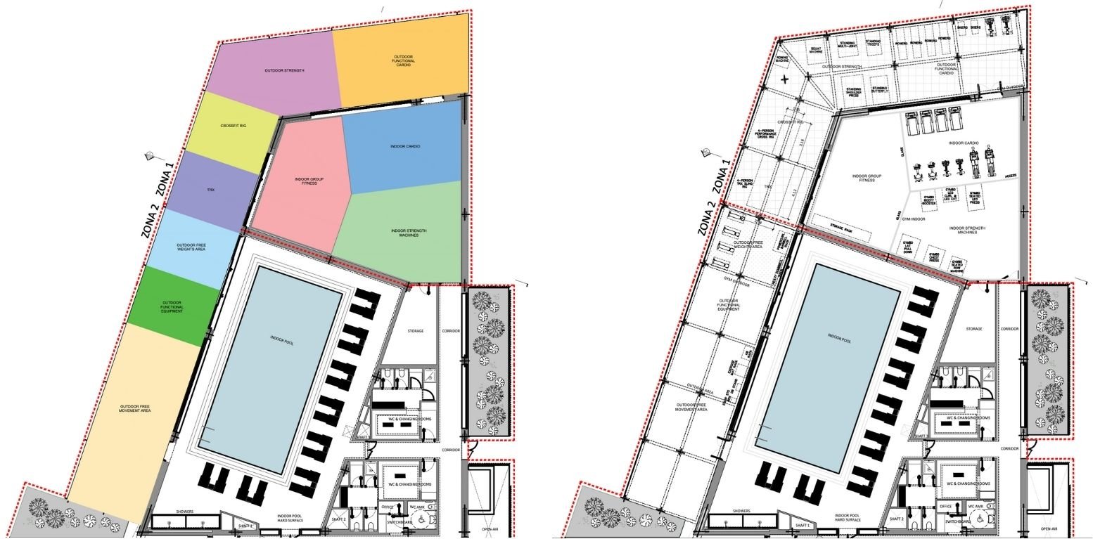 2D wellness club zoning plan for Ikos Kissamos resort by Biofit, illustrating the guest flow between the indoor high-performance gym and the outdoor wellness pool