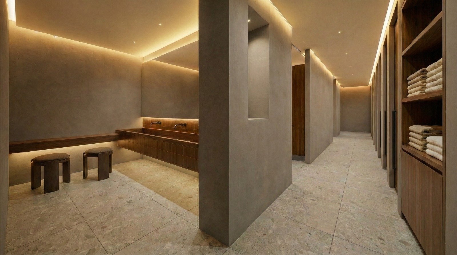 Changing room corridor with towel shelving, benches, warm lighting and minimalist finishes.