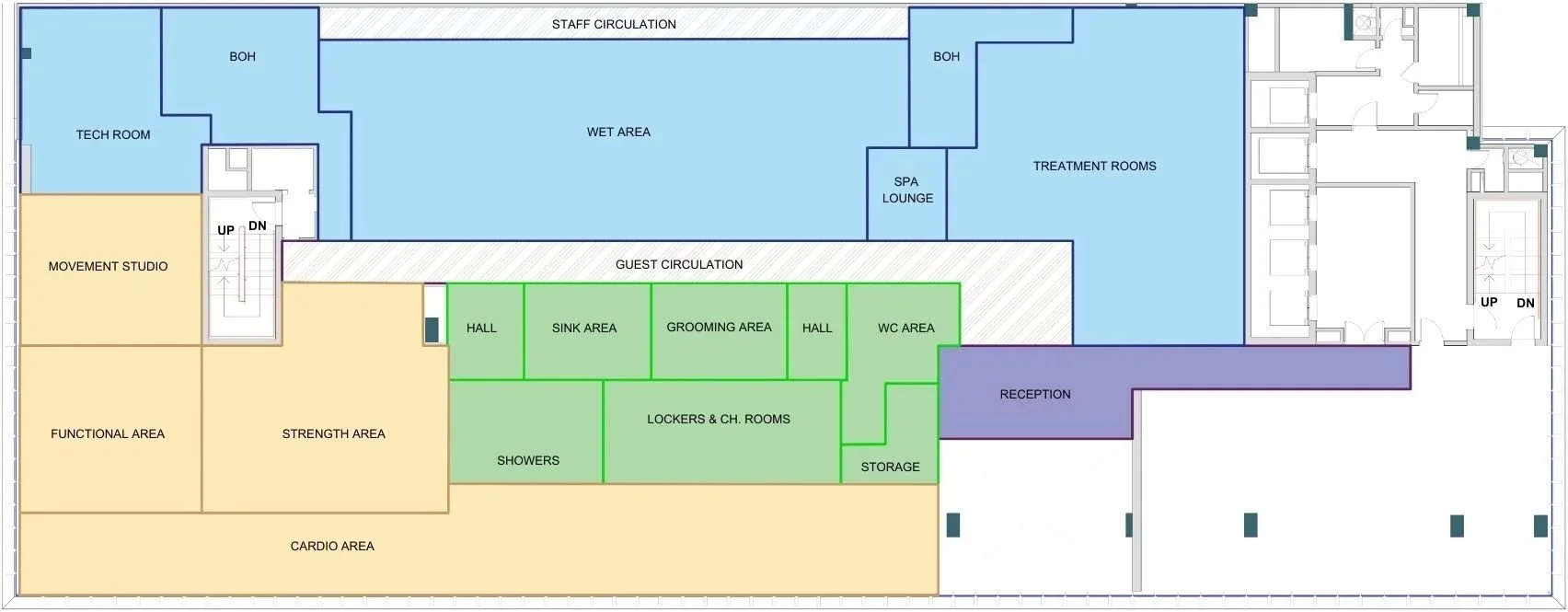 2D wellness club zoning layout for Refad Place by Hilton, Al Khobar, illustrating strategic adjacency planning between high-impact gym zones and silent spa suites.