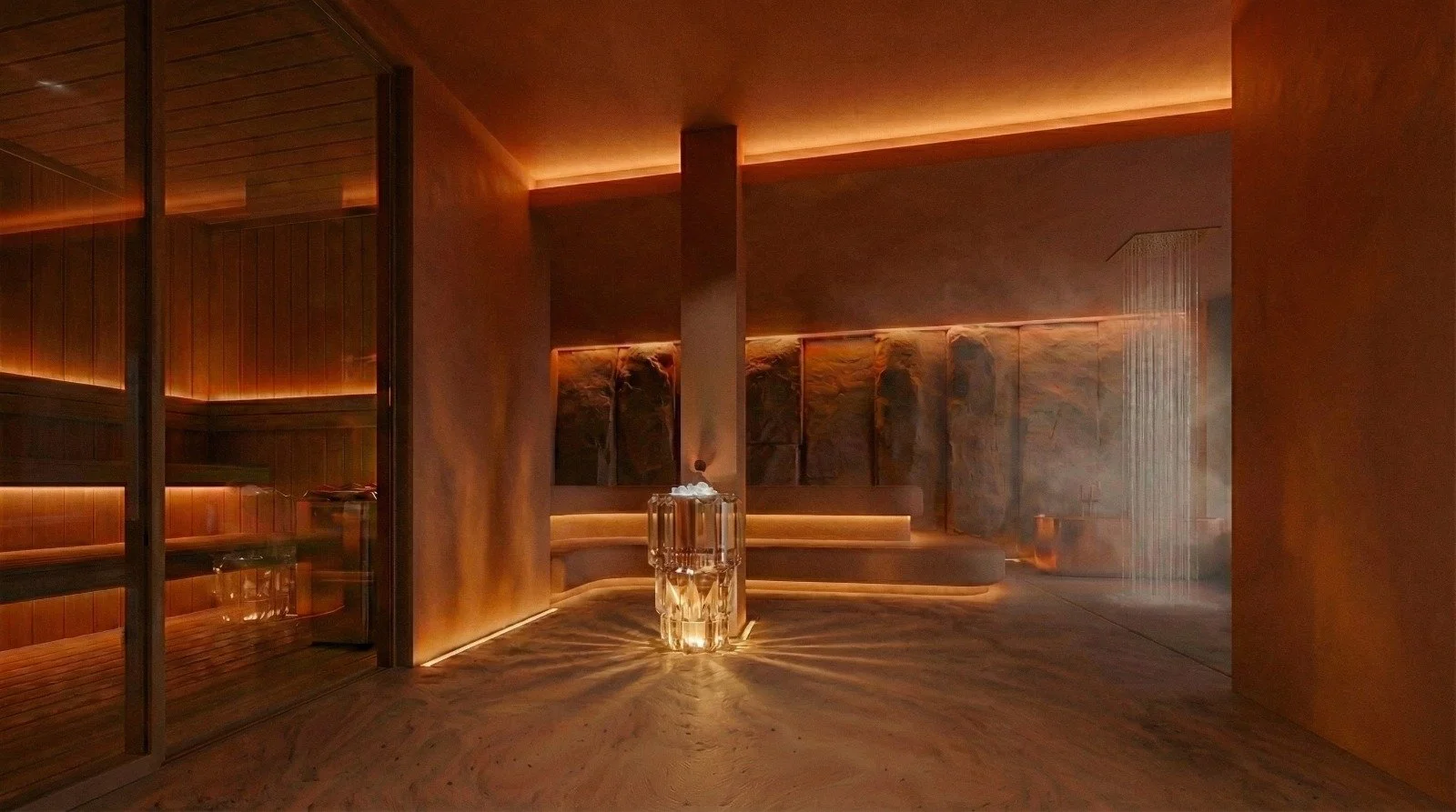 Spa recovery zone with warm lighting, sauna seating, cold plunge and shower ritual sequence