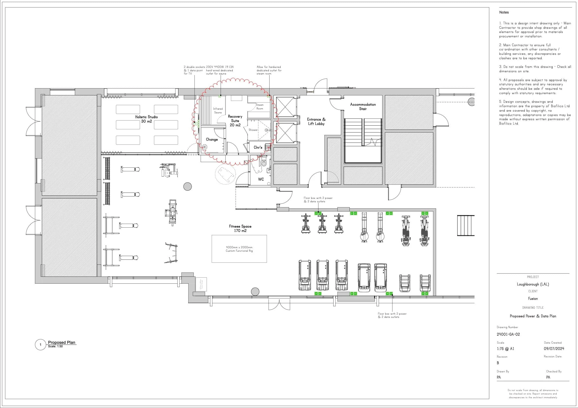 Architectural blueprint of a power and data plan for a building, showing various rooms, staircases, a fitness space, and electrical outlets with annotations.