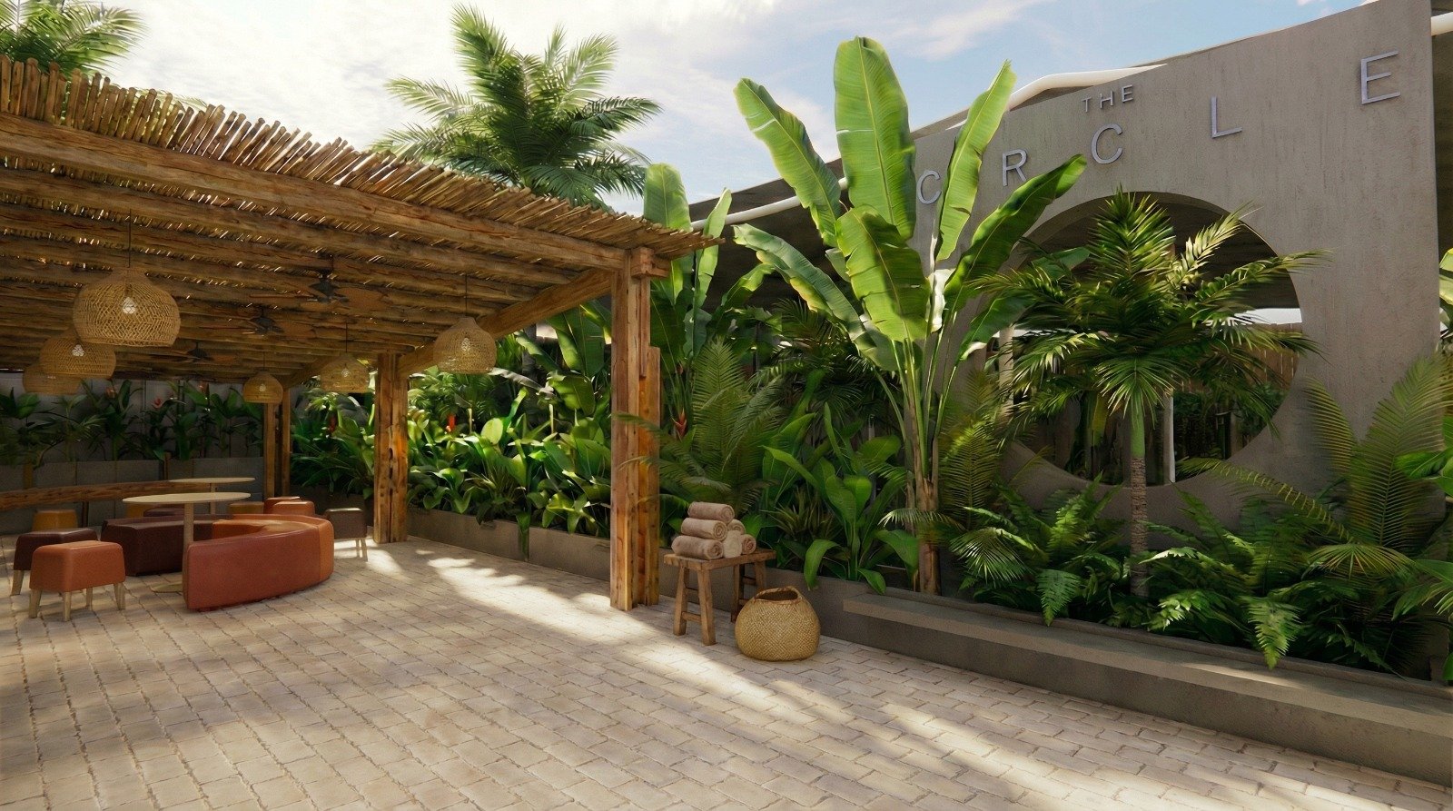 Outdoor lounge with pergola, seating, warm lantern lighting and dense tropical planting.