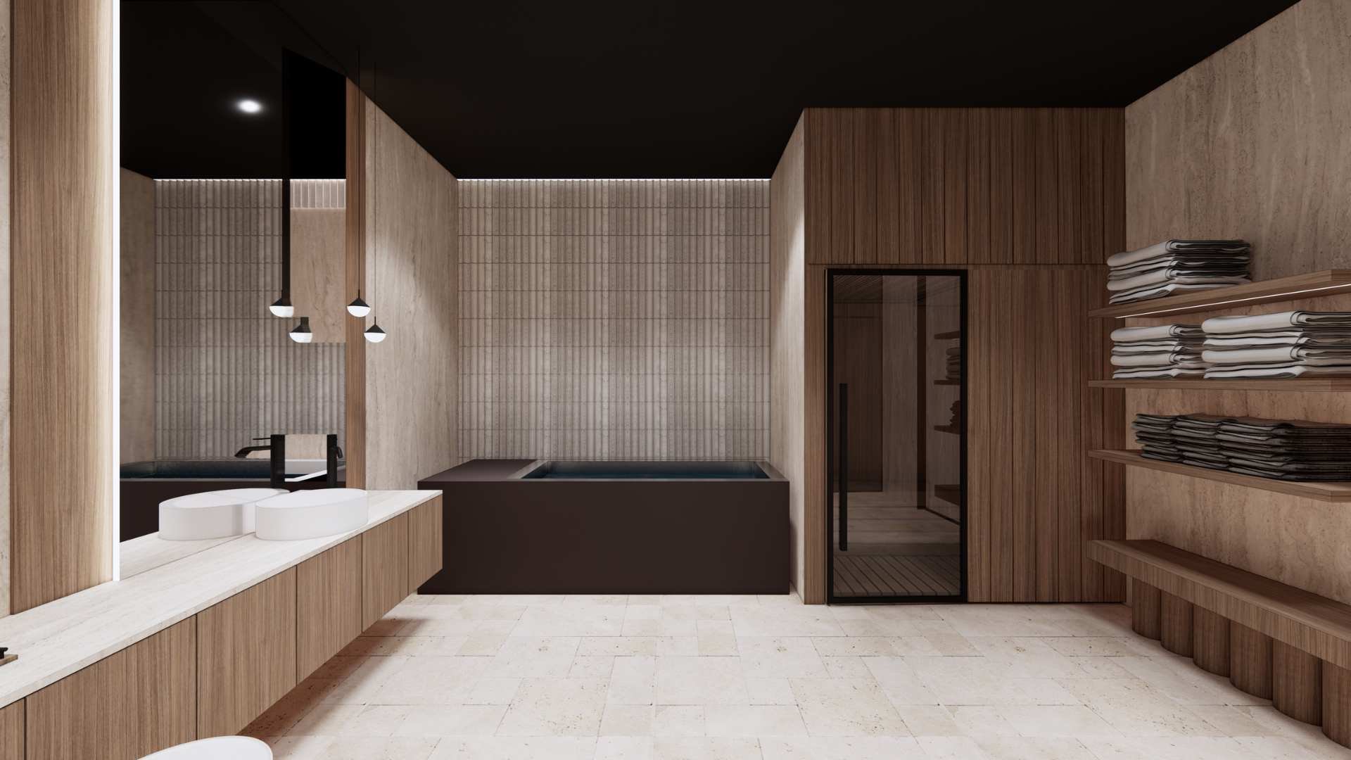 Residential spa room with ice bath, sauna