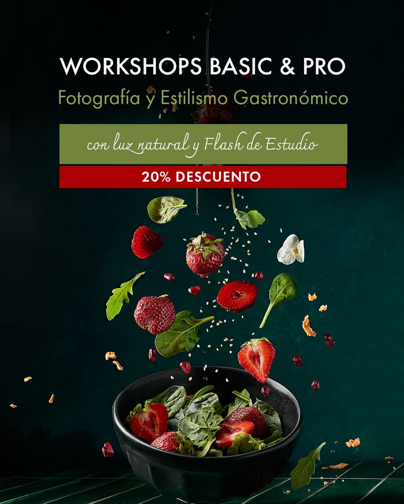 📣 &Uacute;ltima semana para pagar casi 100&euro; menos al comprar juntos estos dos cursos, que son complementarios.

Workshop Basic (con luz natural): 27 de Abril 
Workshop Pro (con luz de estudio): 18 de Mayo.
Lugar: en mi estudio de Madrid. Cocino