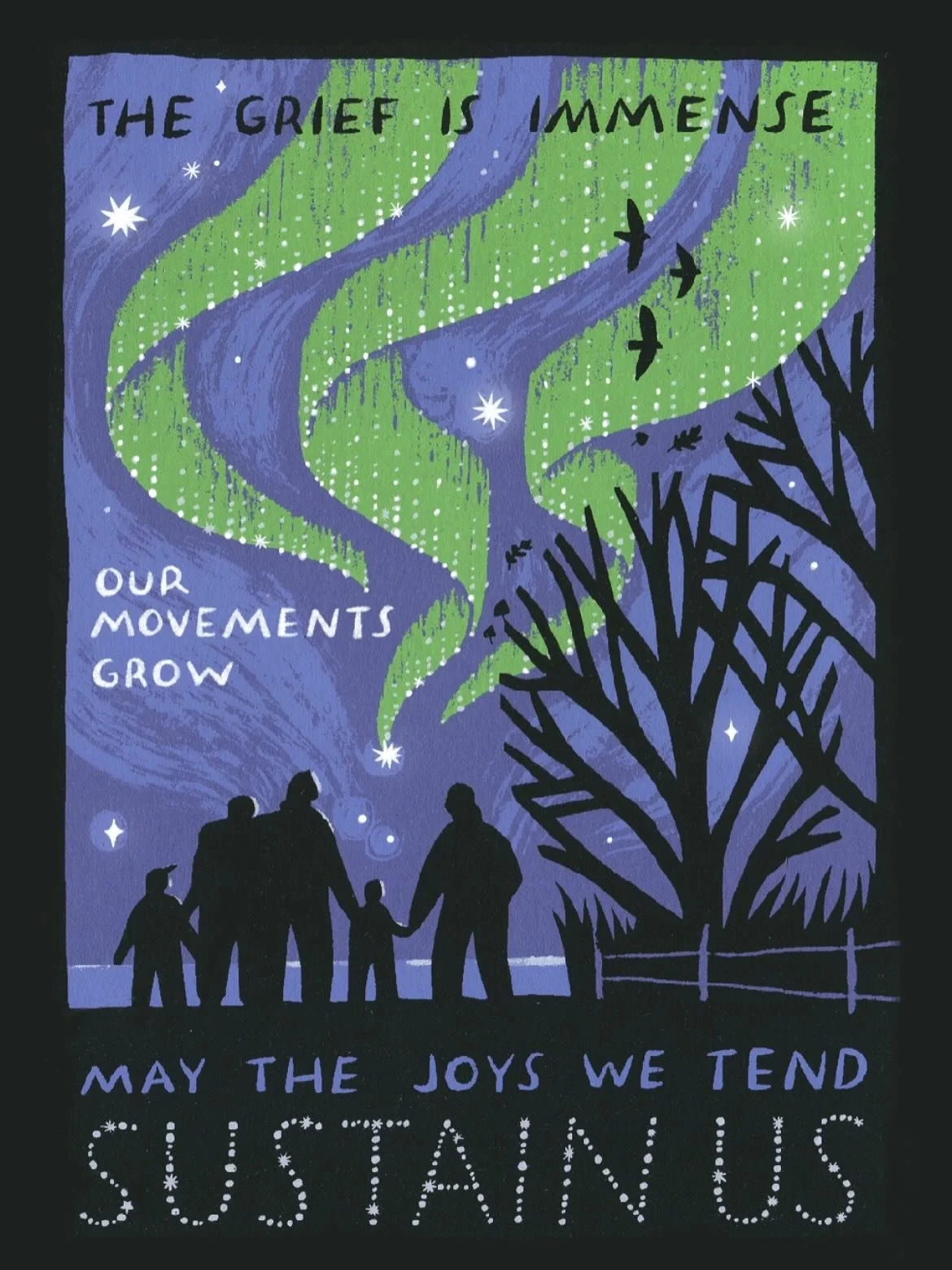 The grief is immense. Our movements grow. May the joys we tend SUSTAIN US. ✨🍂

My SUSTAIN US Solstice cards are available in my shop! These four layer screen prints on purple cardstock come with a neon green envelope. I am really proud of the way th