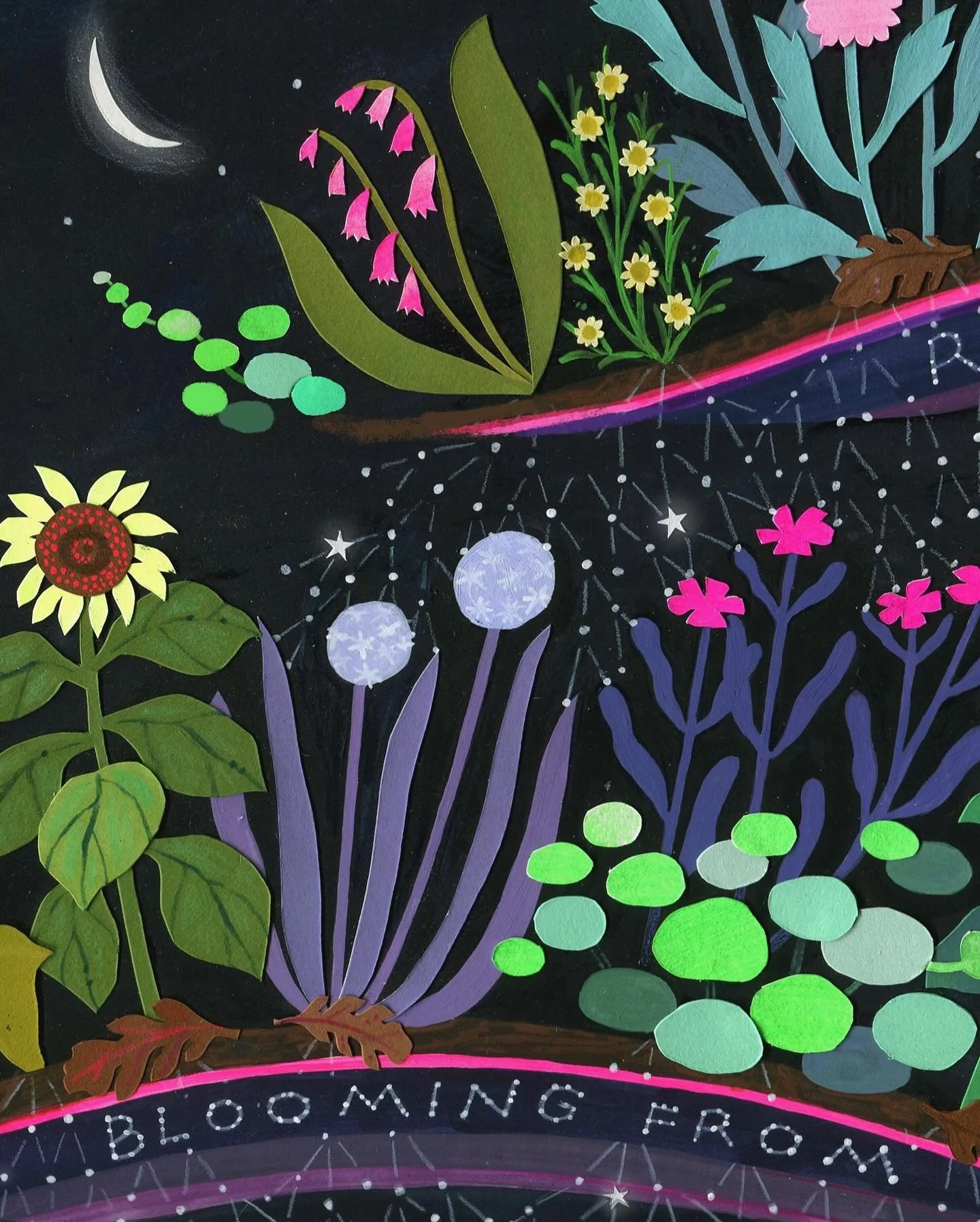 Some tiny plant details from &ldquo;Rooting In/Blooming From&rdquo;, an art piece from my CRITICAL CONNECTIONS body of work.
✨🌷🌻🌸🌼🪻✨

Words read; &ldquo;Rooting in, blooming from, generations of loving RESISTANCE.&rdquo;

With the layers here, I