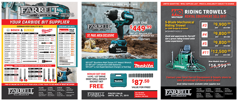 Overstock Flyer (Left), New Product Flyer (Center), Rental Sell-Off Flyer (Right)
