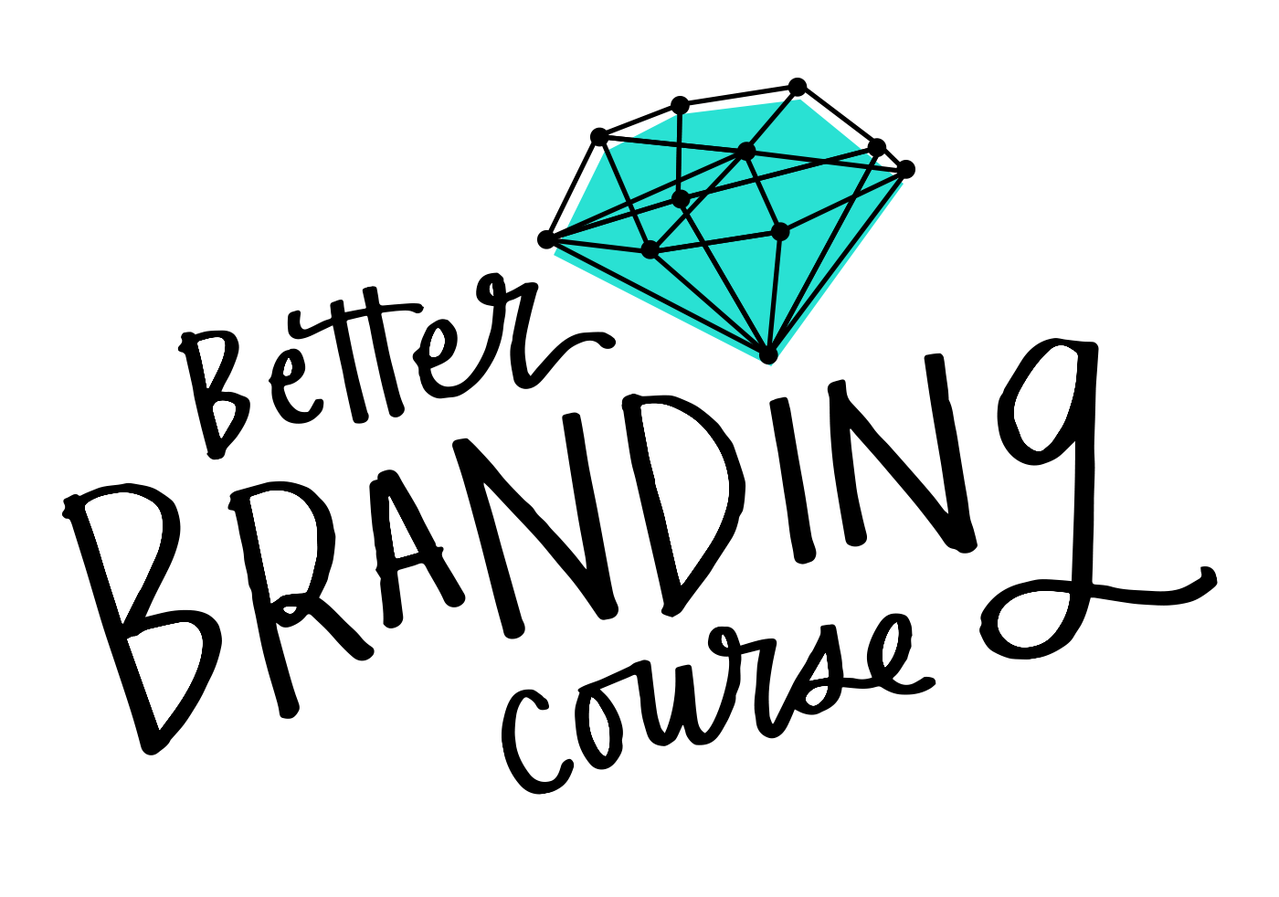 Caroline' Zook's Better Branding Course. A logo image, the title of the course is written in a swirly black handwriting with a black and turquoise illustration of a diamond on top 