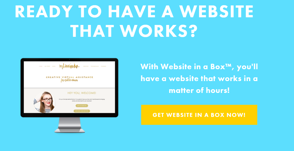 image: square your site, blue background, title: ready to have a website that works? yellow button to buy the course