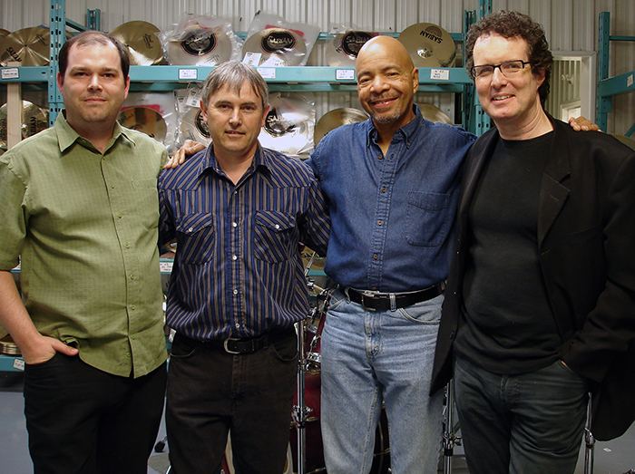 LEFT TO RIGHT: ANDREW HERYGERS (COMMUNICATION DESIGN MANAGER), MARK LOVE (MASTER CYMBAL ARTISAN), CHESTER THOMPSON (GENESIS, FRANK ZAPPA, & WEATHER REPORT), AND WAYNE BLANCHARD (SENIOR MARKETING MANAGER).