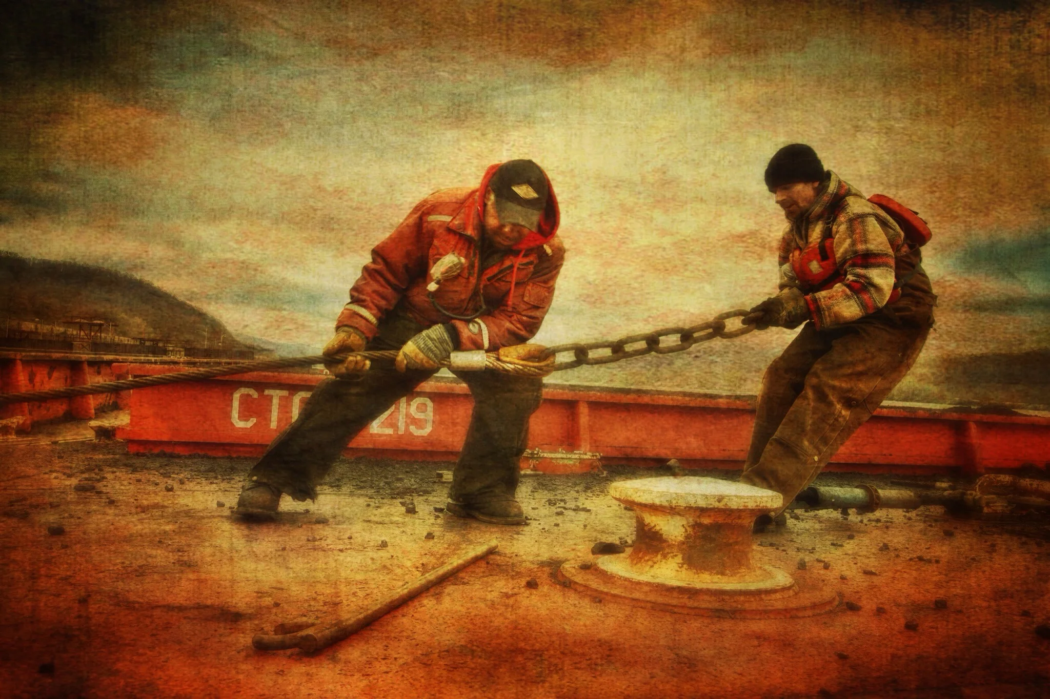 " Barge Workers on the Ohio River ," photo-based illustration, 2016.
