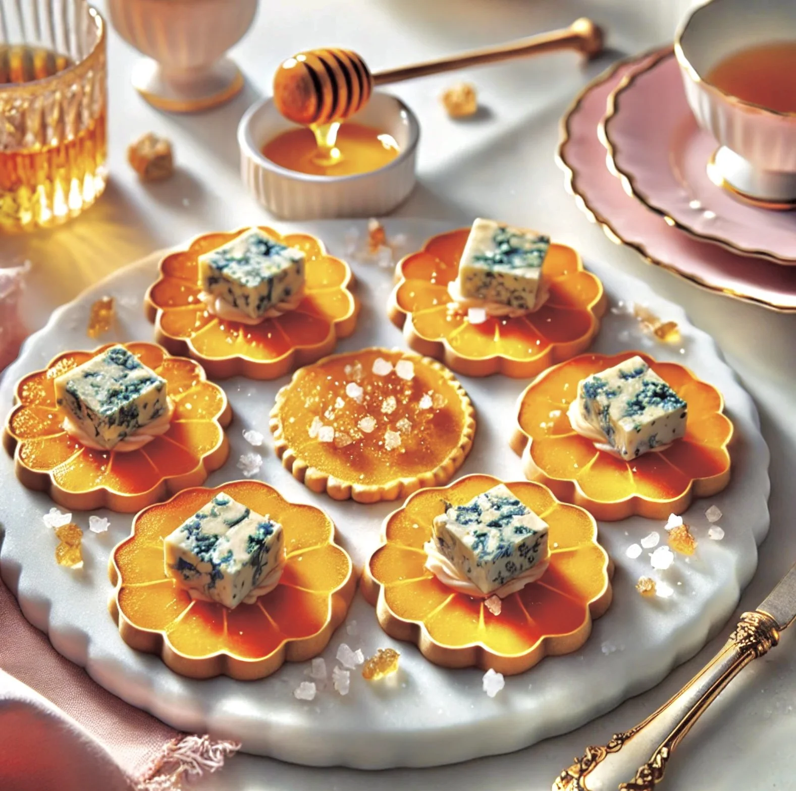 Butternut Squash Rounds on Crackers with Blue Cheese, Flake Salt, and Honey