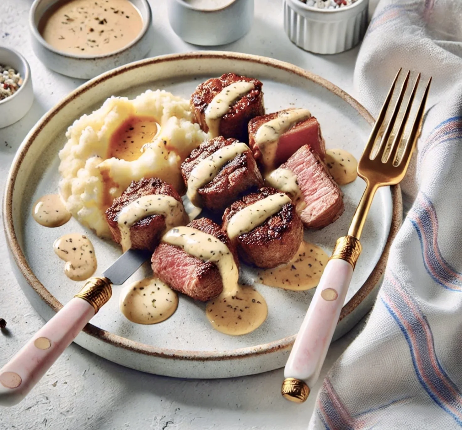 Steak Bites with Cauliflower Mashed Potatoes & Garlic Pepper Cream Sauce