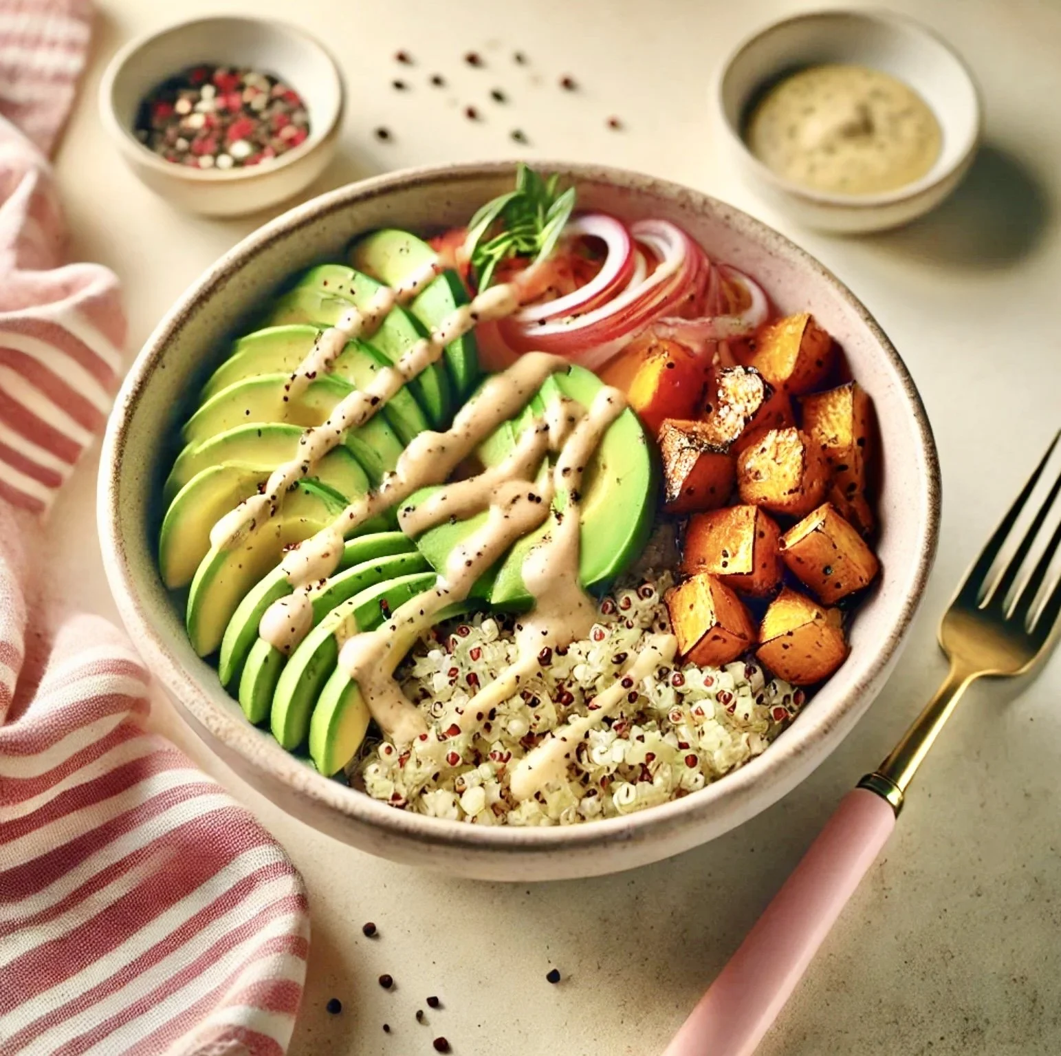 Quinoa Bowl with Grilled Vegetables, Avocado, Sweet Potato, and a light Cream Sauce