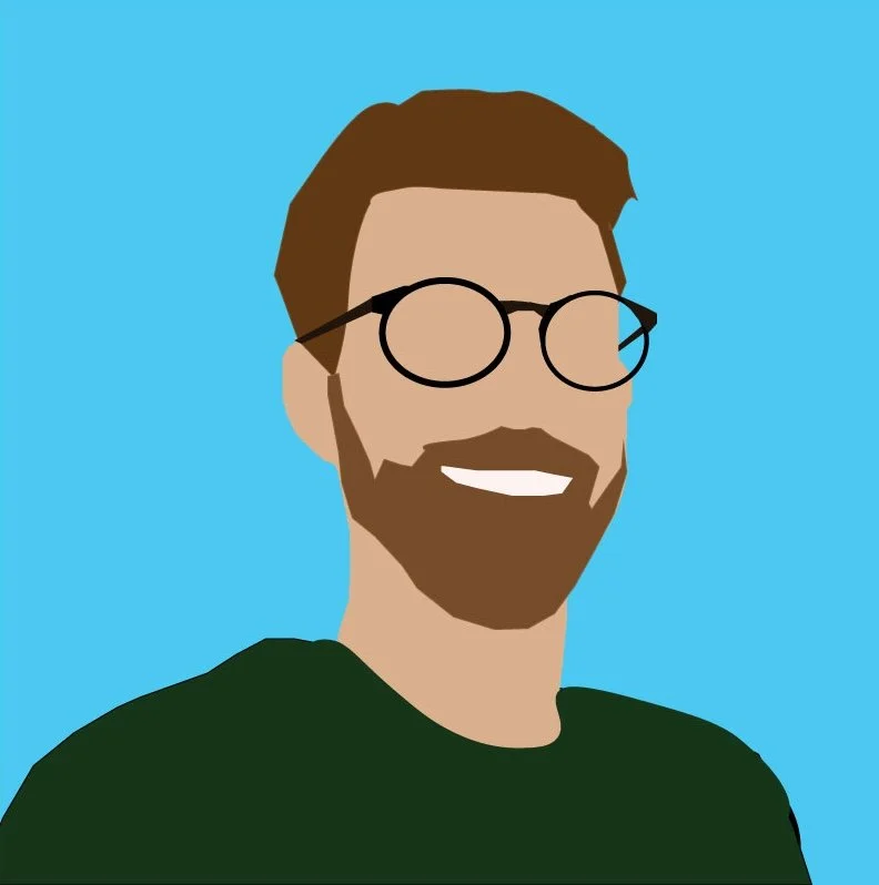Flat design headshot of Brian - Male, brown hair, thick glasses