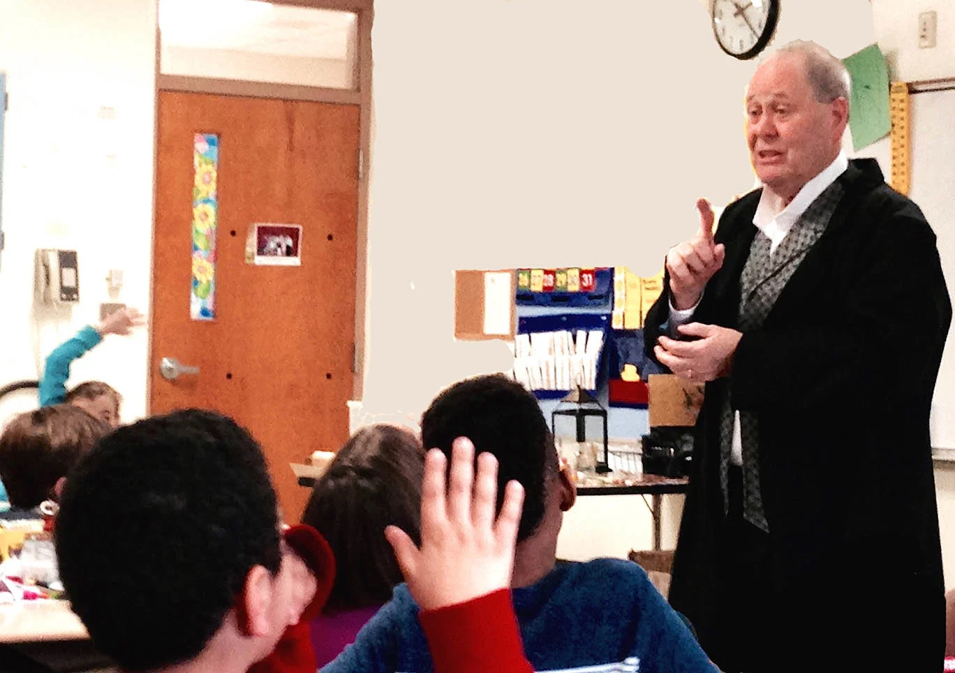 ADVENTURE CALLS —Captain Bangs Hallet returns to recruit a fresh crew among Yarmouth 3rd graders, singing the praises of long trading voyages in the 1800s: strict discipline ("If you thought your parents were tough, I have news for you"), hard work, bad food, pirates, and the possibility of sinking and drowning or being captured by cannibals. Did we mention no Wifi? Gradually the hands went down. There were no takers—again.