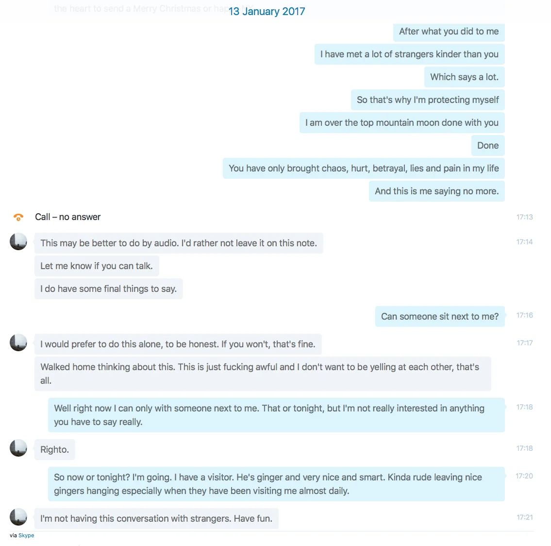 Looking back at this conversation, I'm glad I was standing up for myself more, and even made a rude remark to him after he'd been threatening me mainly, and had treated me like trash.