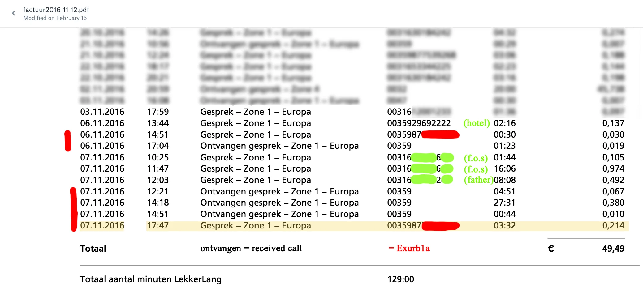 Phone-call timeline when I was in Sofia trying to press charges in November 2016. The 6 red marked calls are phone conversations with Exurb1a. Out of 6 calls, 4 were received calls (ontvangen gesprek means received conversation/call) from Exurb1a, and 2 were calls I made. The other calls marked green around this time are: 1 call to the hotel I stayed at, 2 calls to the father of my son (f.o.s) to tell him where I was and that I was going to the police and 1 to my own father, to tell him the same thing I told my ex-husband. The calls mentioned in this article, are from November 7. Between 14:51 and 17:47, I was at the police-station in Sofia.