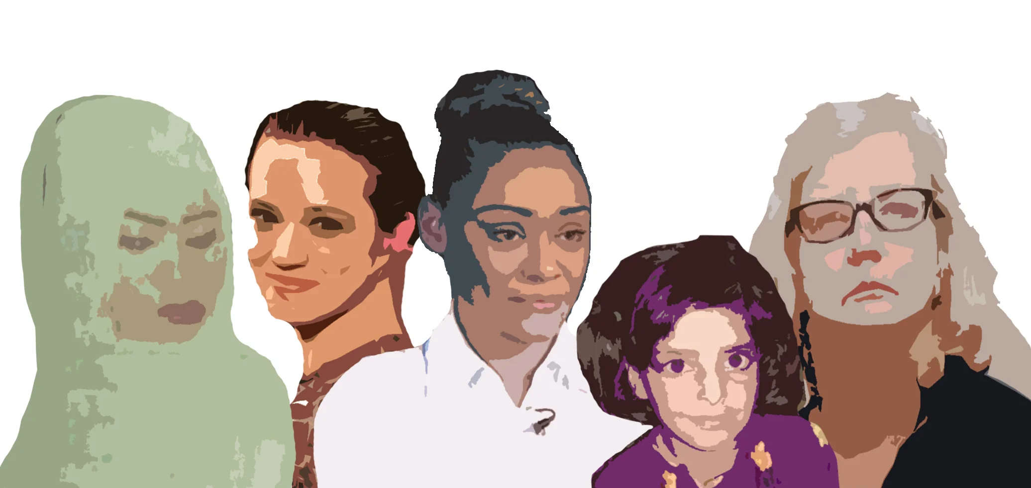 From left to right: Noura Hussein, Asia Argento, Kendra Scott, Asifa Bano and Barbara Coombes. Five victims of abuse.