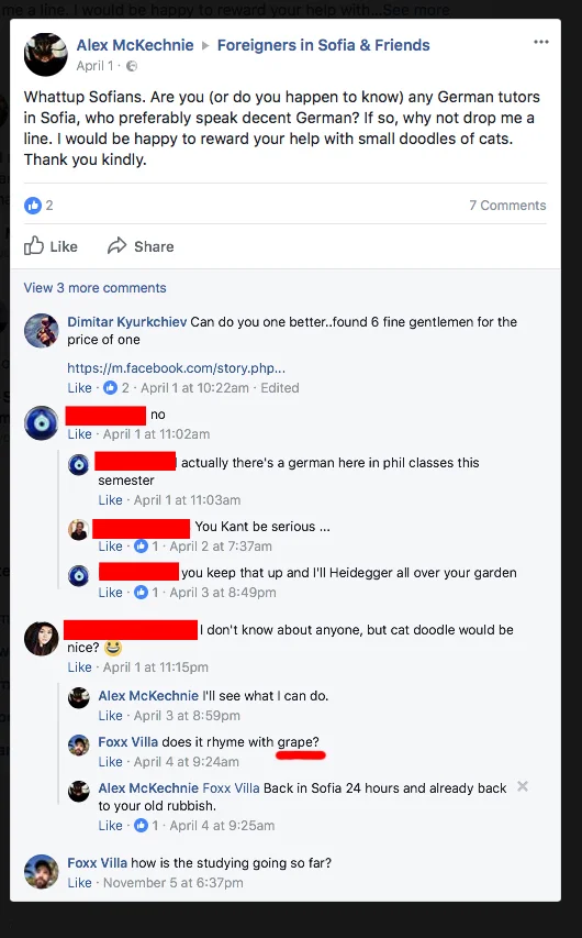 Public Facebook Post from 2017 in ‘Foreigners in Sofia &amp; Friends’.