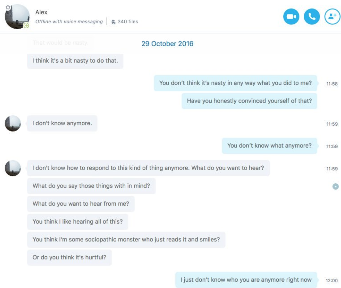 Conversation about the abuse, 2016.