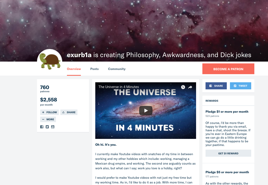 Exurb1a receives over 2500 dollar a month on Patreon from many fans. He has hidden the amount of money he makes on Patreon recently, and has neglected to inform his (minor) fans of the legal situation he’s in right now, while still publishing their names publicly online.