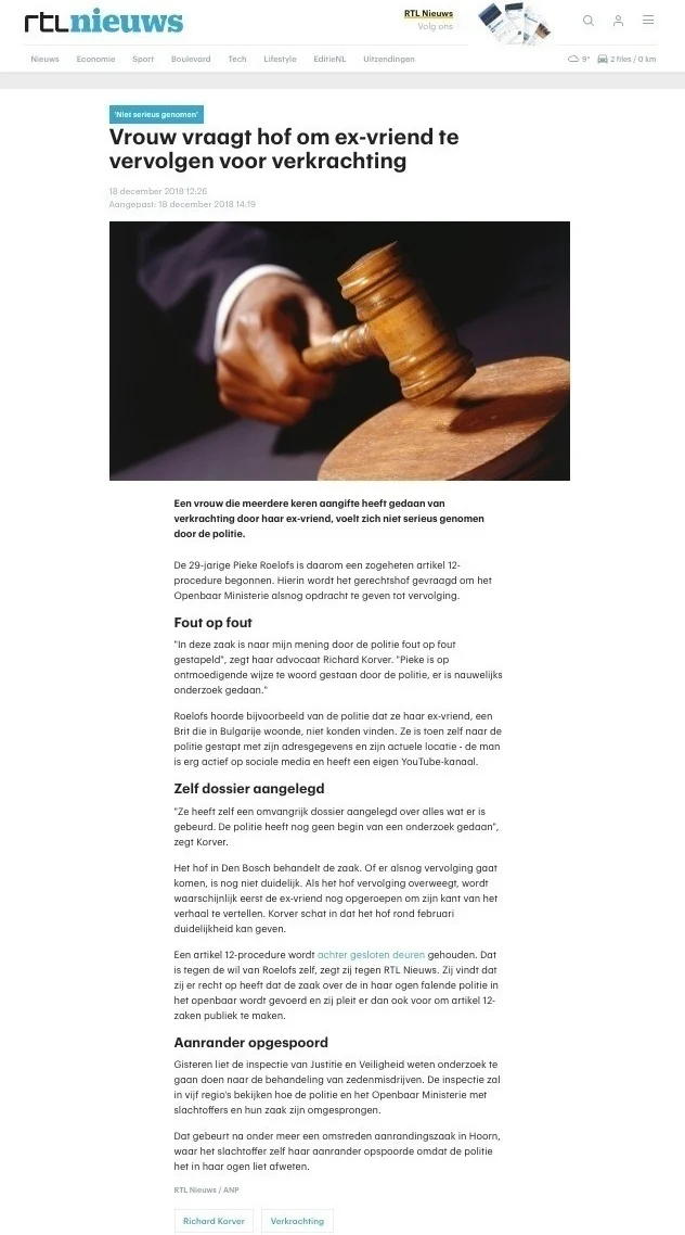 ‘Vrouw vraagt hof om ex-vriend te vervolgen voor verkrachting’ published by RTL nieuws is an article about the Exurb1a rape court case.