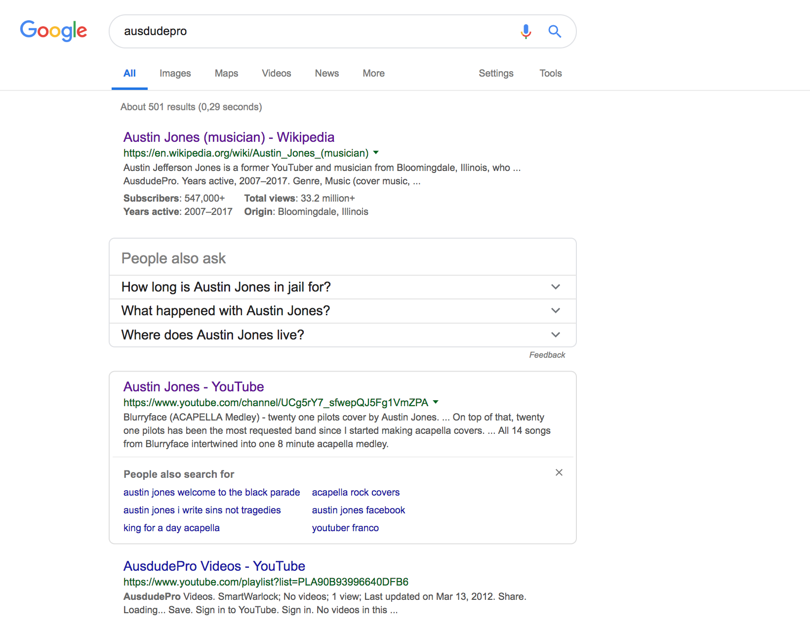 Youtuber Austin Jones’ youtube channel on February 7, 2019. Photo: Google