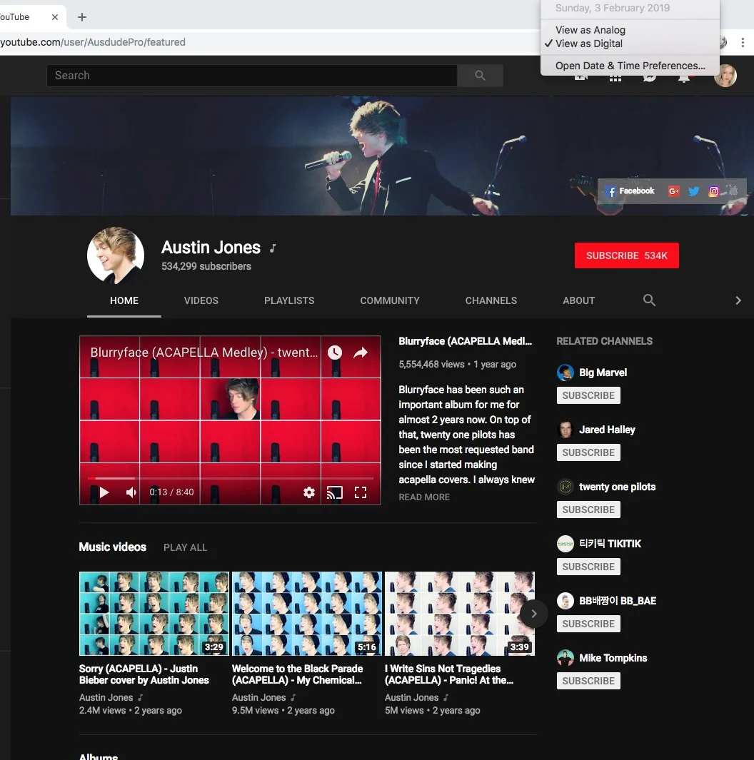 Youtuber Austin Jones’ youtube channel on February 3, 2019. Photo: Youtube