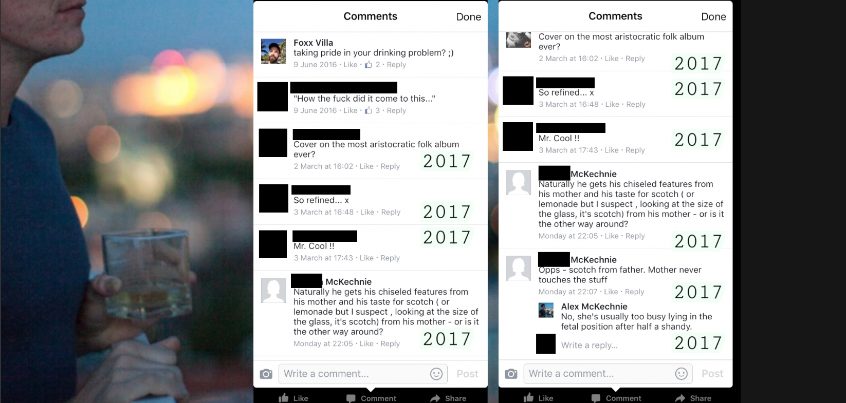 March 2017 Facebook post where Alex jokes about being an alcoholic after starting to use an image I took of him, which he started using after I cut contact with him.