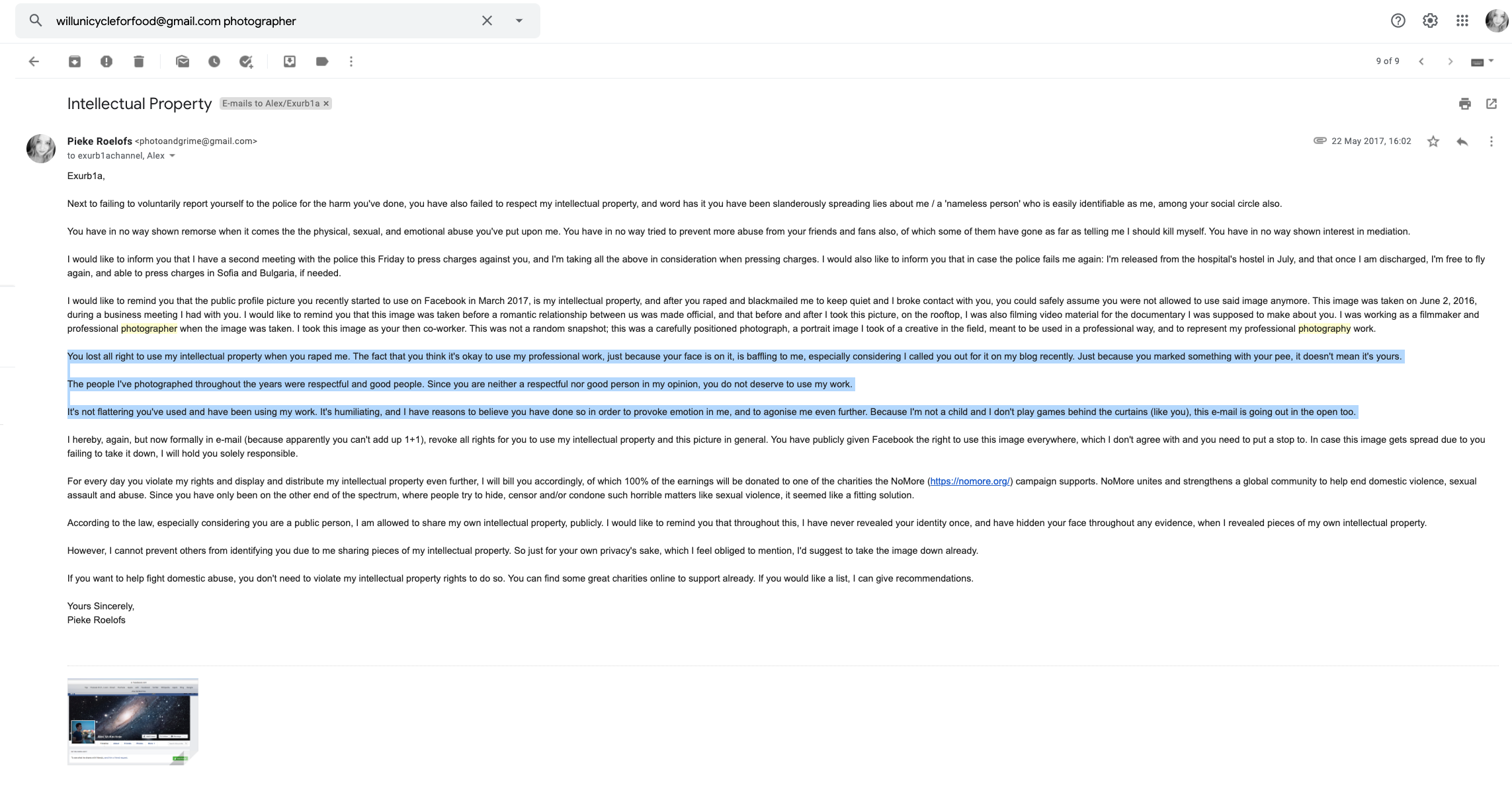 E-mail where I called Alex out for using my photography work.