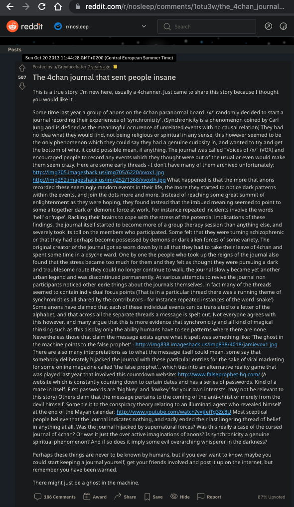 A Reddit post in 2013 in the NoSleep community mentioning ‘The voices of X’.