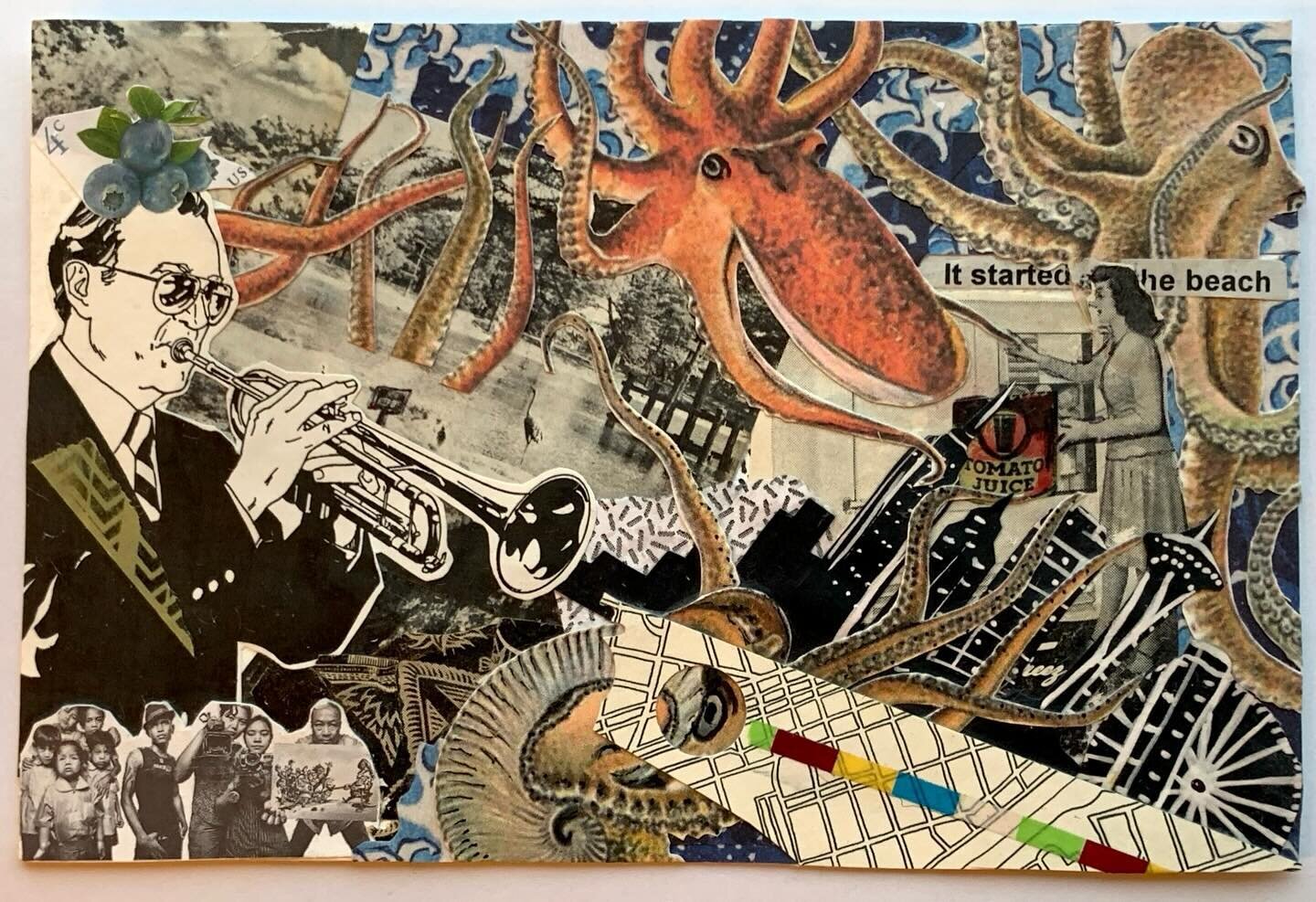 My final collage is going out!! These are the final additions to my original collage that was sent out. Scroll for reverse process pictures. 4 other artists contributed to it, all in black and white, then I added color, and unified elements. And now 