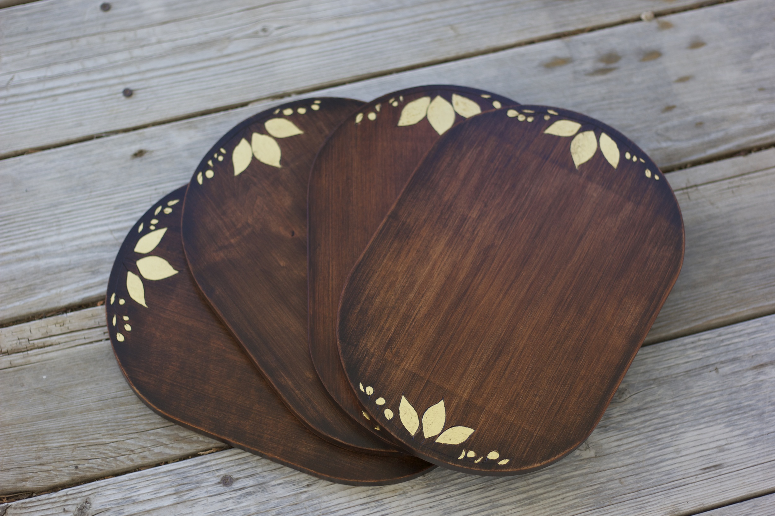  Kickstarter project. Wooden platters with pyrography, gold leaf, stain, and finish. 2013. 