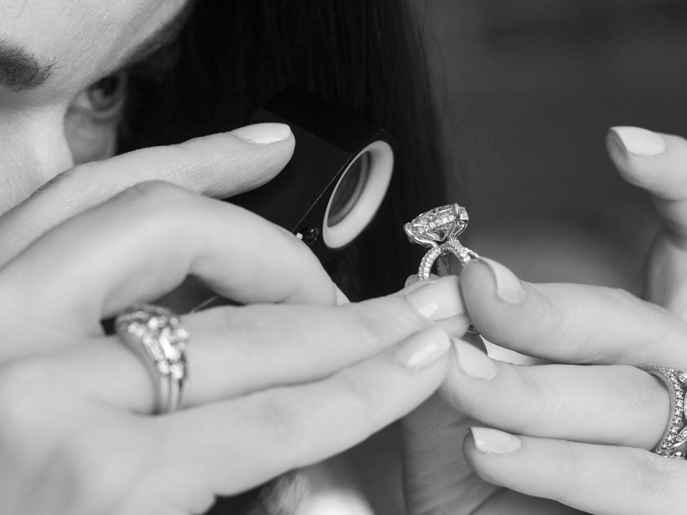 Using traditional techniques, each ring is hand crafted by our master jewelers in the heart of New York's historic Diamond District. Hours of planning and collaboration between technical engineers, setters, polishers and myself lead to the construction of each one of a kind ring. The experience is as magical as the heirloom it creates. My passion is to create more than a piece of jewelry. Every piece I design reflects the love story of the couple it represents.