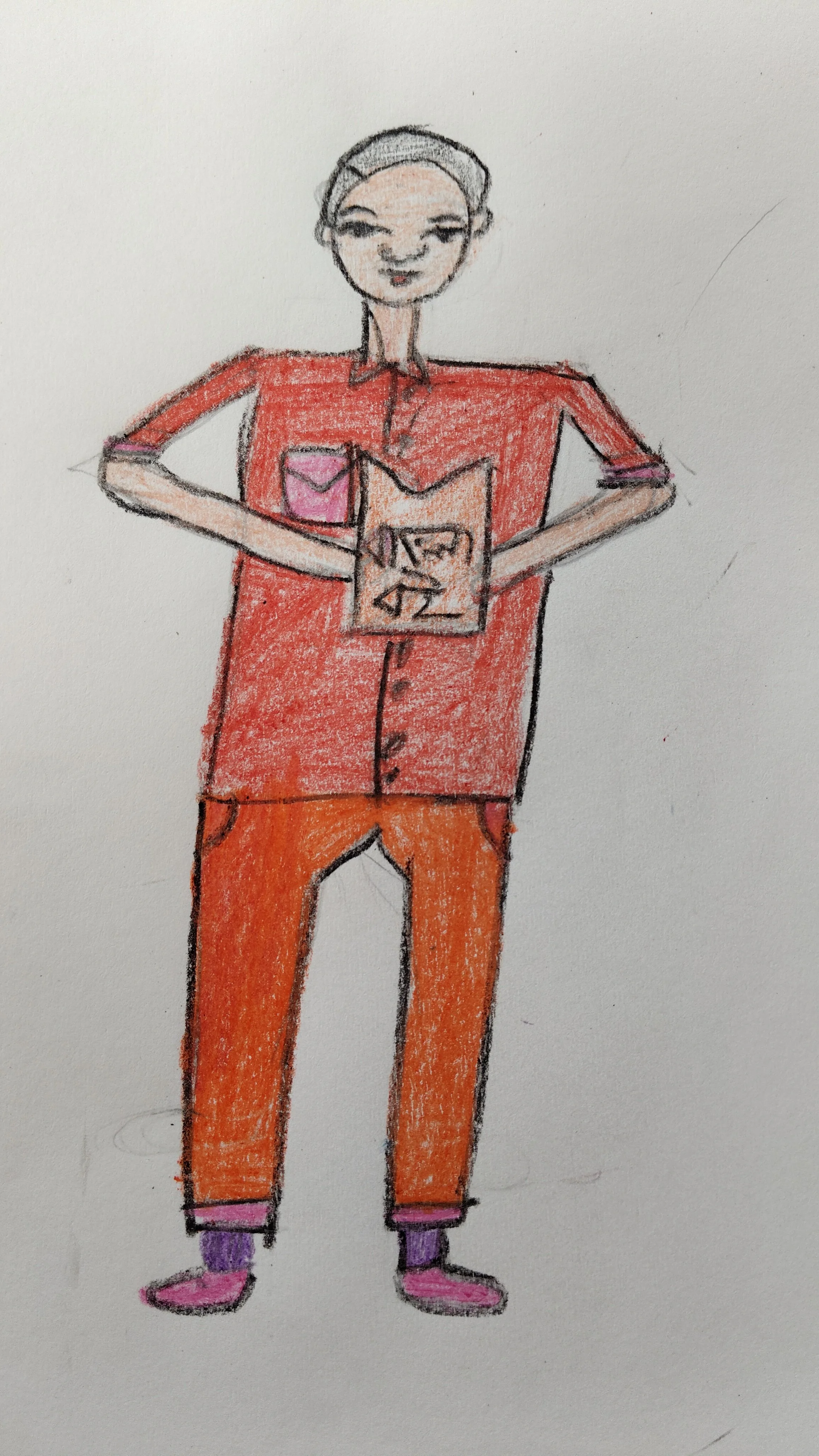 Hand-drawn illustration of a person with short hair wearing a red shirt, orange pants, and pink shoes, standing with hands on hips and holding a book.