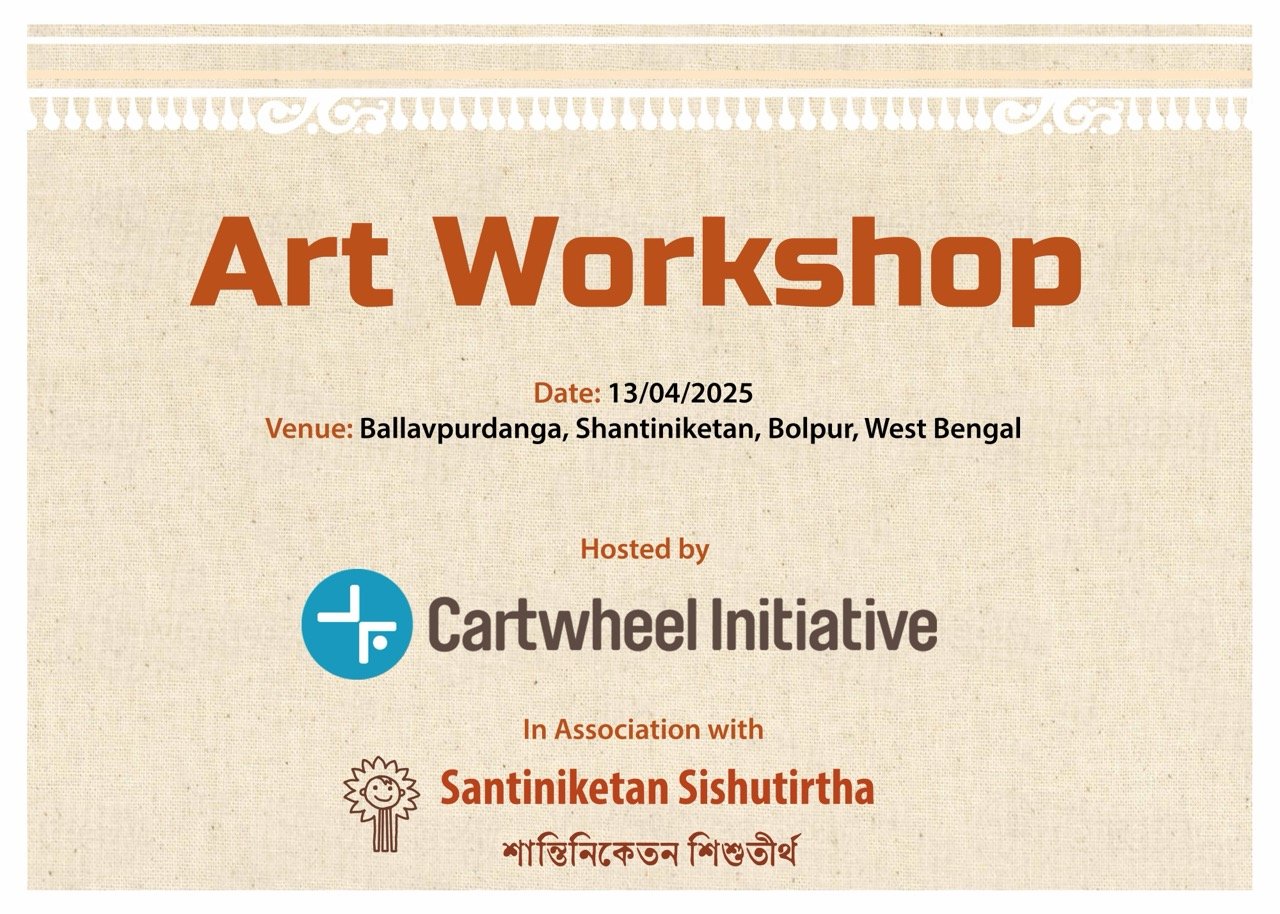 A poster for an art workshop scheduled on April 13, 2025, at Ballavpurdanga, Shantiniketan, Bolpur, West Bengal, hosted by Cartwheel Initiative and in association with Santiniketan Sishurtha.