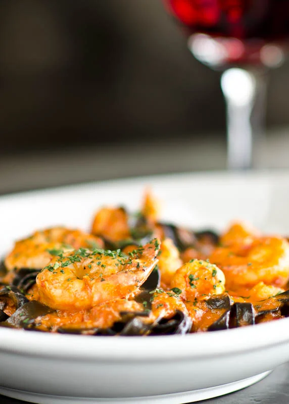 Squid ink pasta with shrimp