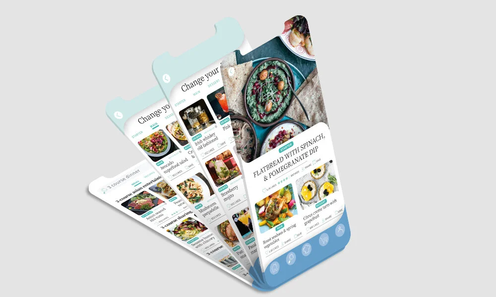  Screens that show how to select a 3 course recipe and how to substitute courses from your selection 