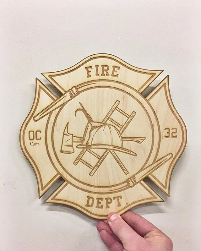 It's incredible to see the fun the laser can blaze up!! Call us for your personal projects that need a special touch! #brandlovepromotions #laserengrave #personalize #custom #wood #firedepartment