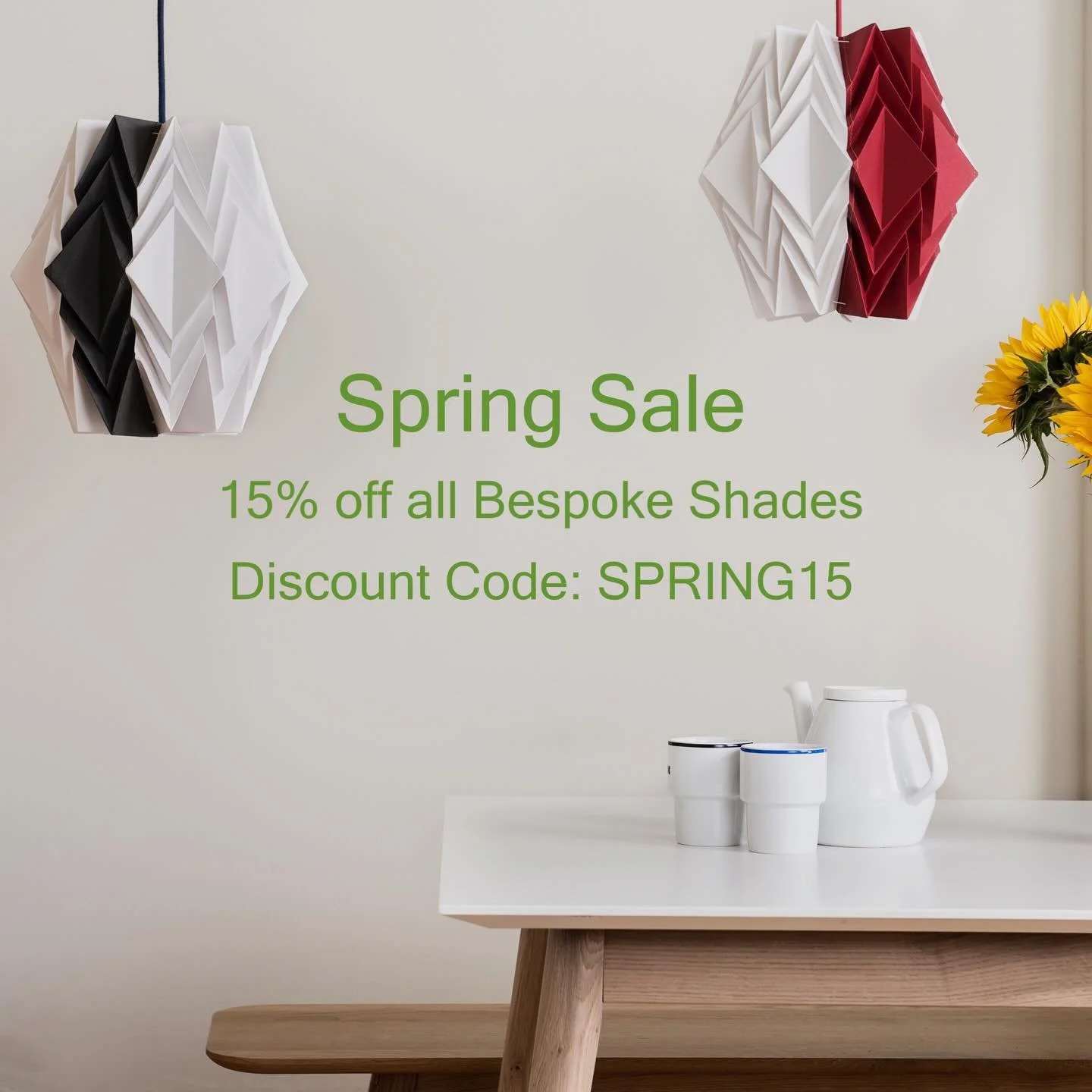 If you&rsquo;ve been thinking of updating your lighting for Spring, then now is the time! ☀️ 

I&rsquo;m offering a 15% discount on all Bespoke Shades until March 15th. Each piece is 100% hand folded and made to order in colours of your choice, so fe