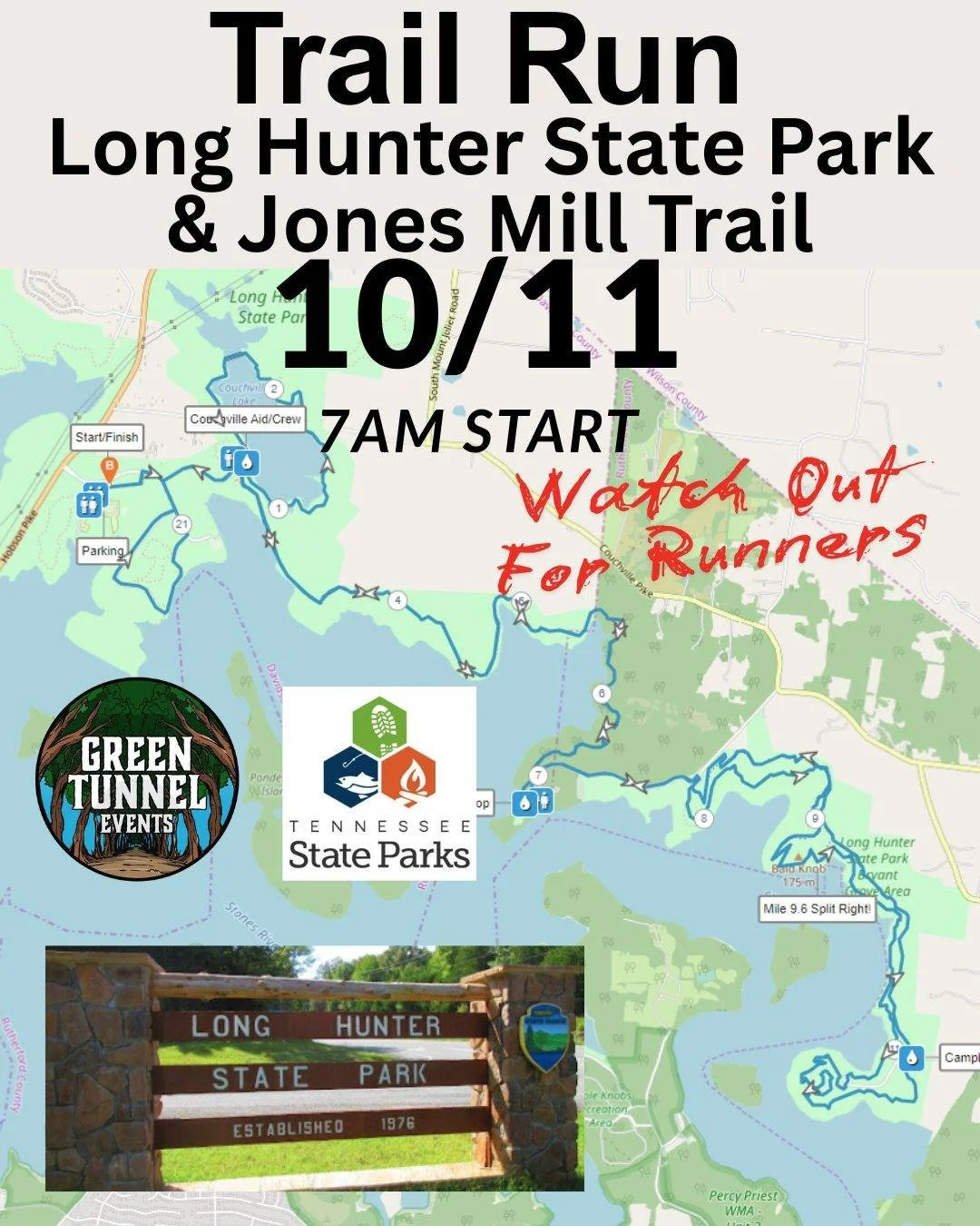 Heads up!  There will be a trail run Saturday morning at Long Hunter State Park &amp; Jones Mill Trail.  Expect to see extra runners on trail (going opposite direction), cars &amp; people in the parking lot.
From: https://www.greentunnelevents.com/lo