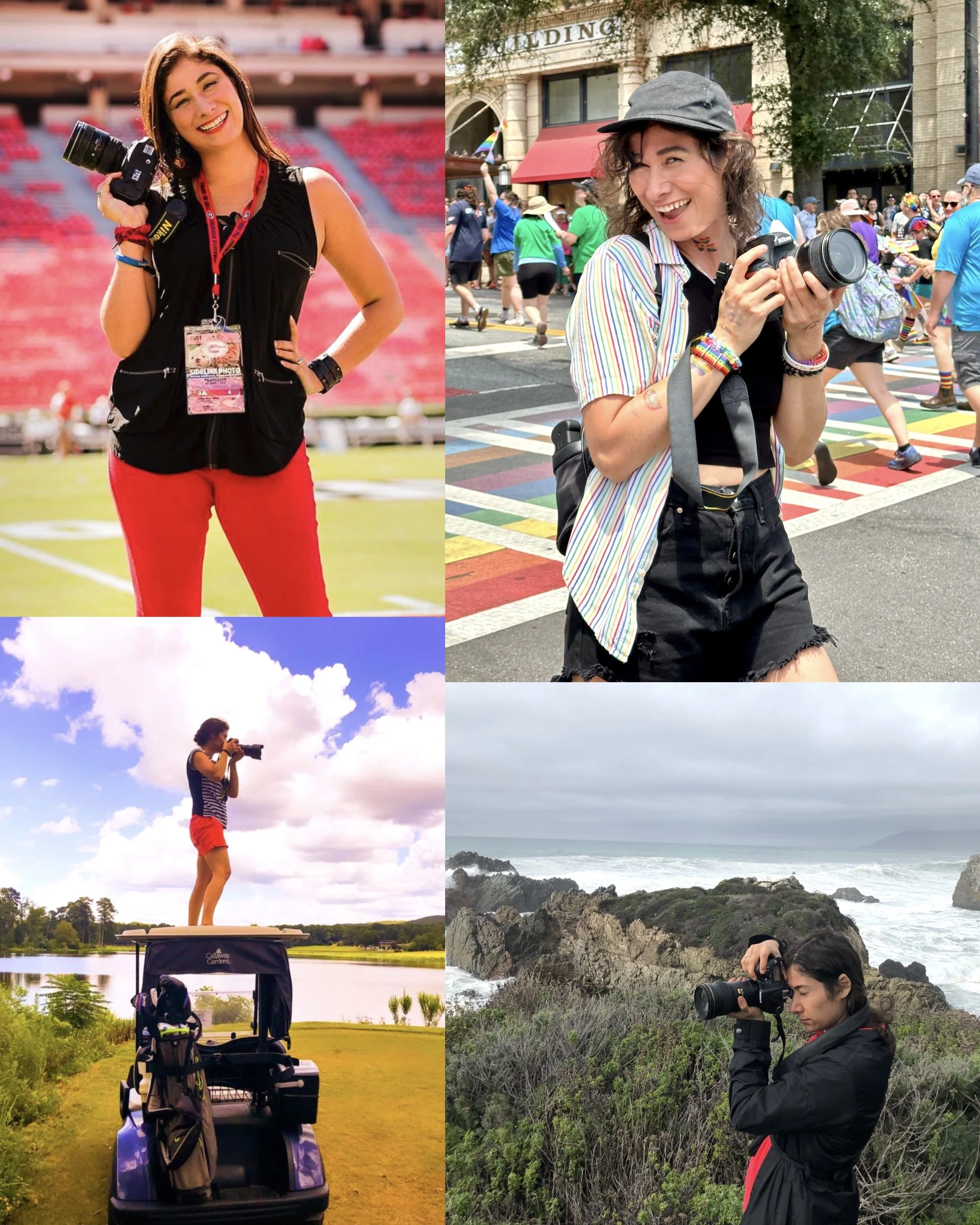 a collage of images of cassie wright with her camera in four different locations shooting all kinds of events and styles