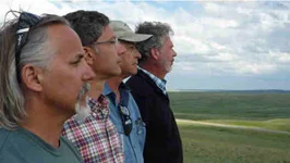 The intrepid crew scans the horizon: Paul Maritsas (Sound), Taki Telonidis, Gary Robinson (Partnering Producer), and Doug Monroe (Director of Photography).