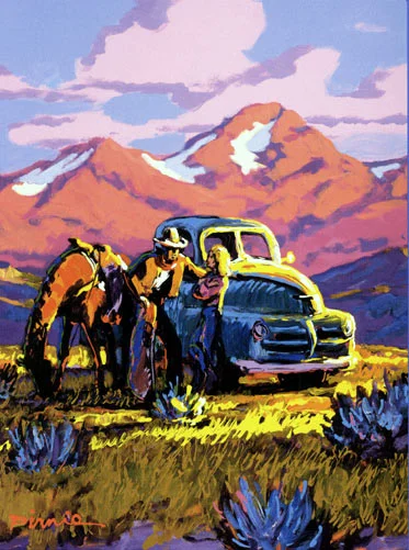 "High Country Get Together," Artwork by Larry Pirnie, 1999, for Millennial National Cowboy Poetry Gathering. All Rights Reserved.