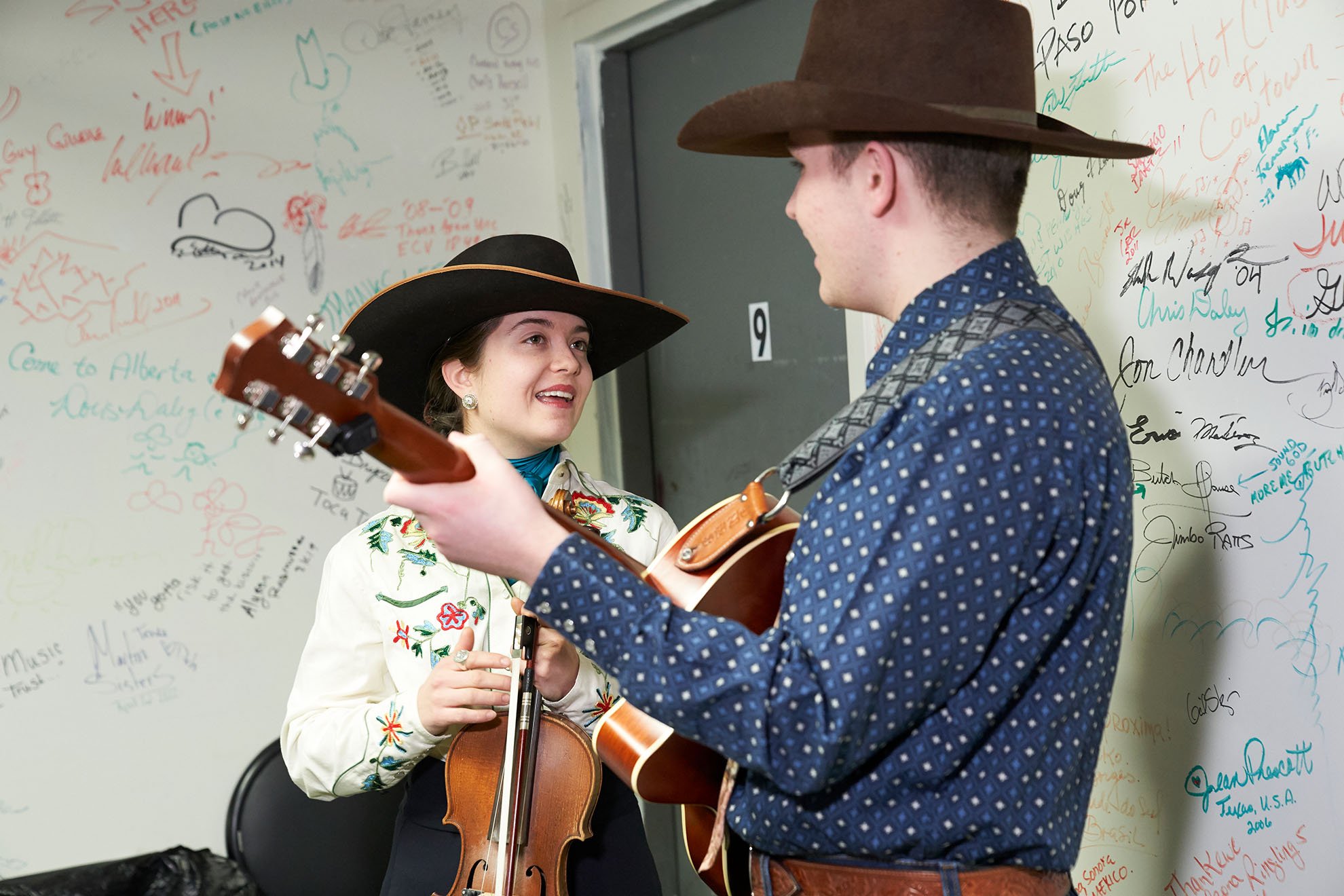  Brigid and Johnny Reedy in the green room at the Western Folklife Center. Photo by Marla Aufmuth. 