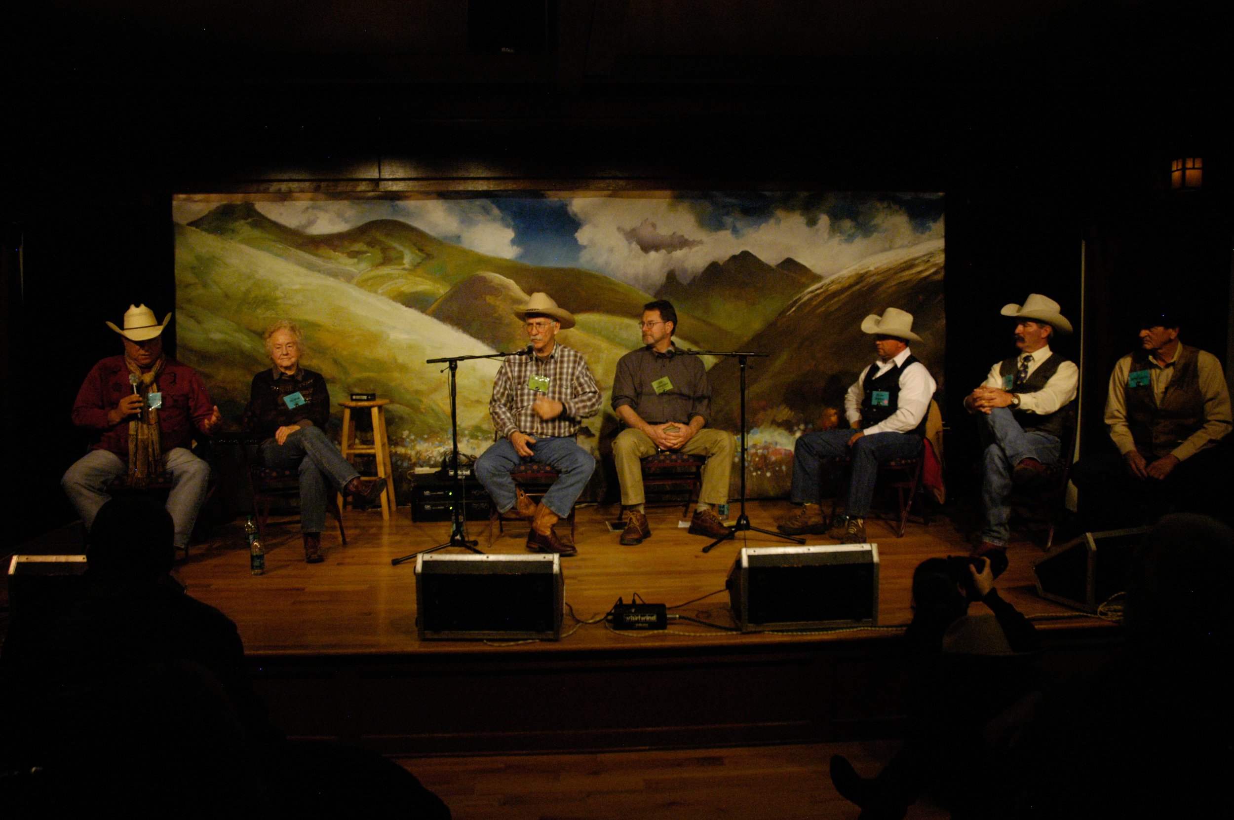 Billy Davis, Willie Johns, Bill Mansfield, Buddy Mills, Doyle Rigdon, and Iris Wall with moderator Bob Stone at the 26th Gathering panel "There are Cowboys in Florida?" Photo by Jens Lund.