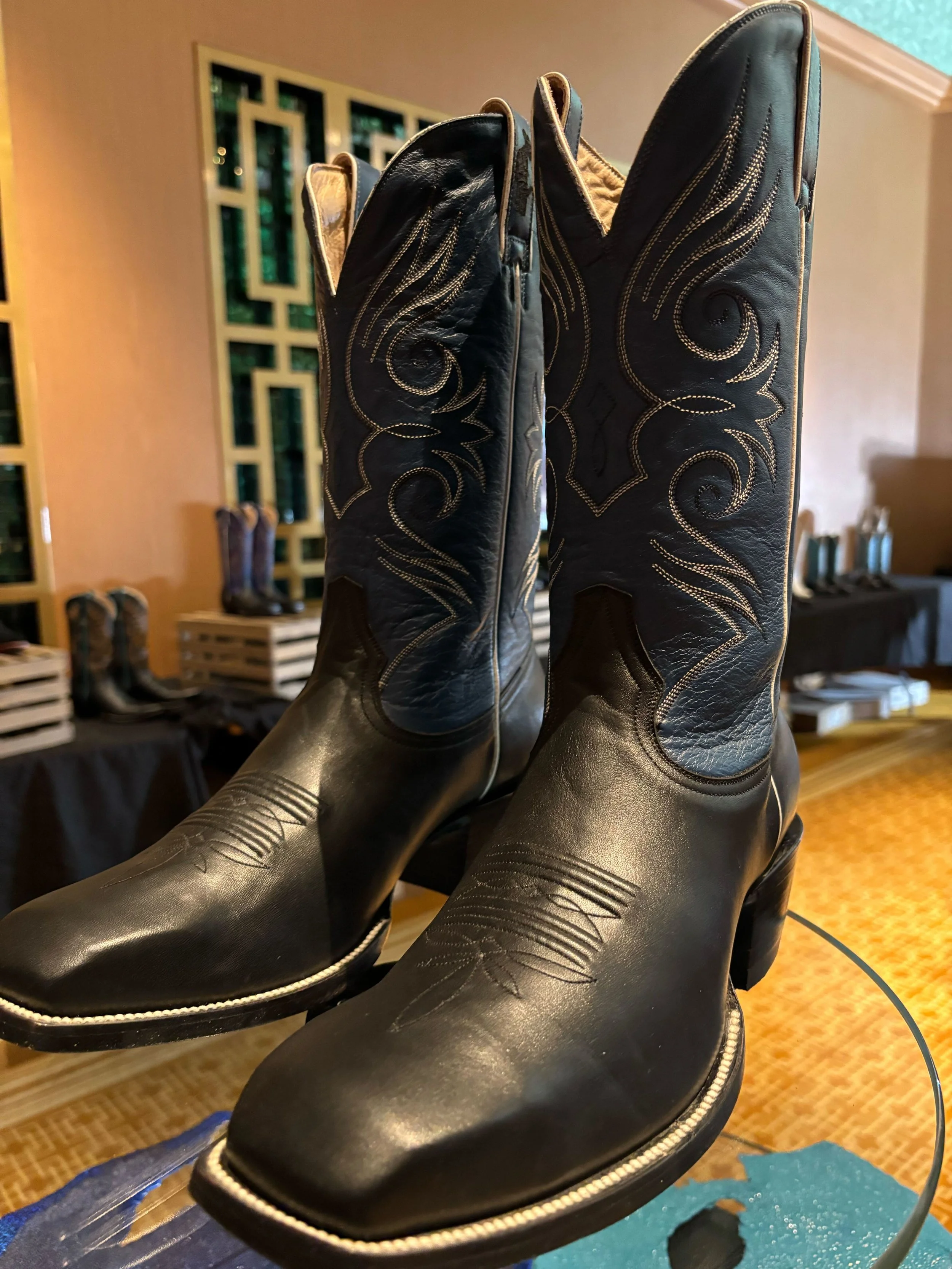 A pair of Ty Skiver's boots for sale at the gift show