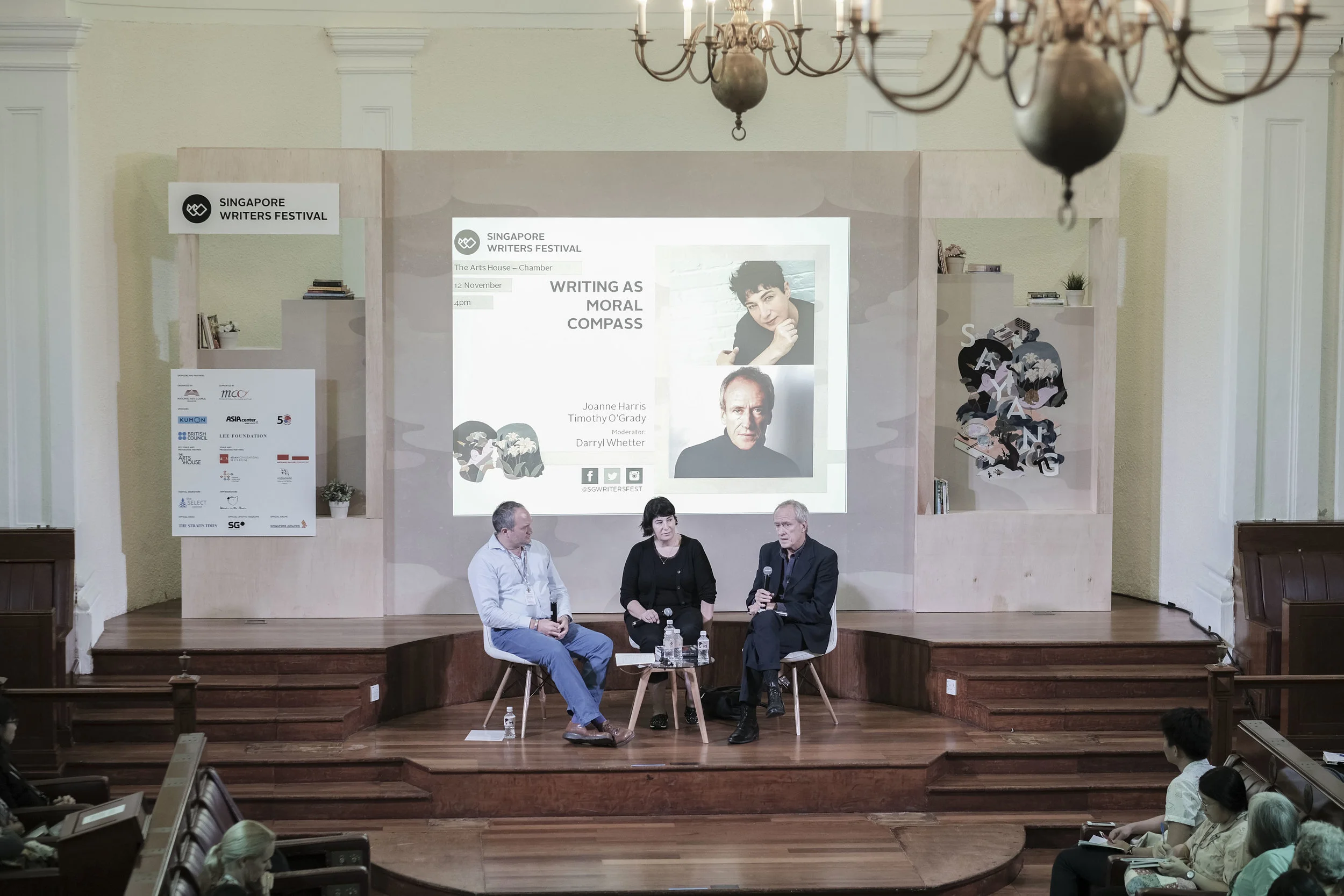 Timothy O'Grady together with Joanne Harris at a panel during the 2016 Singapore Writer's Festival. 